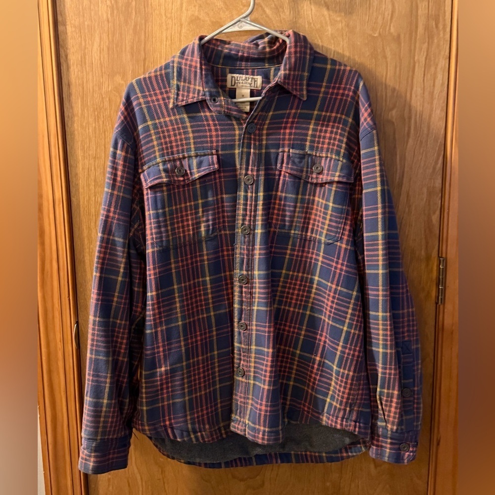 Duluth Trading Company Men's Orange Blue Plaid Flannel Fleece Lined Shirt M